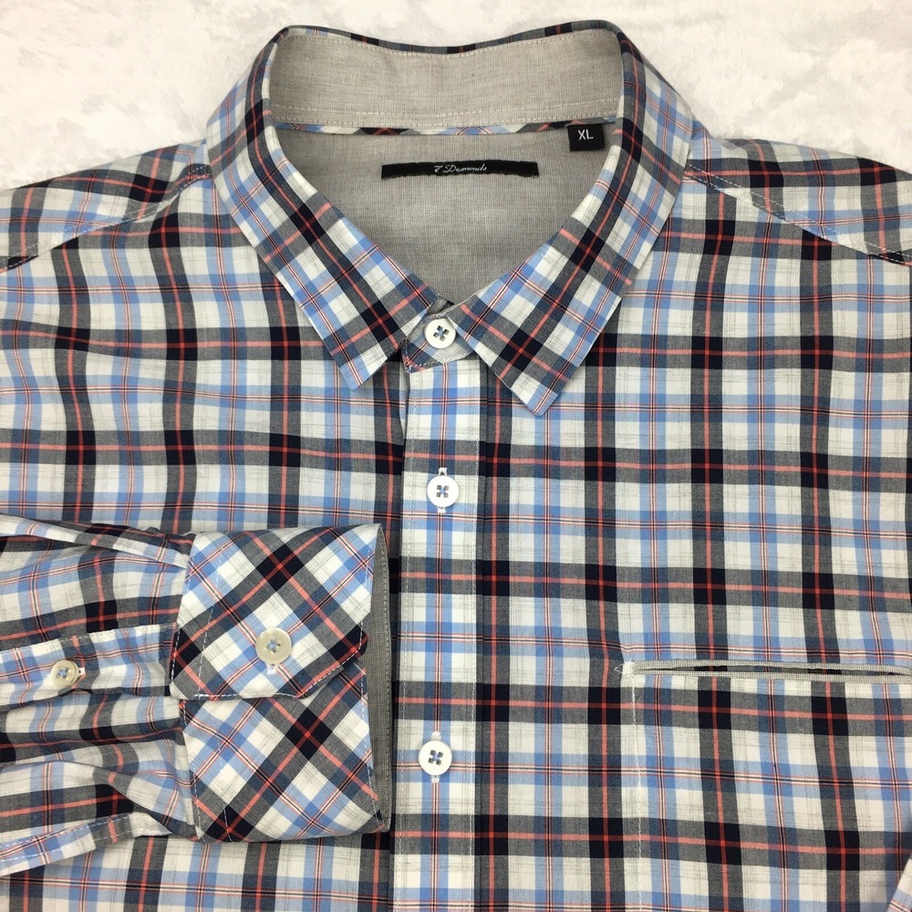 7 Diamonds Men's XL Red Black Blue Plaid Shirt Slit Pocket Long Sleeve